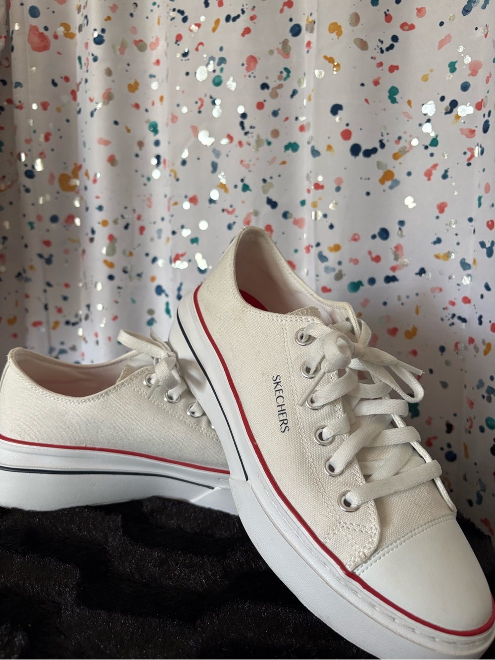 Skechers Women's White Canvas Platform Sneakers with Red Trim